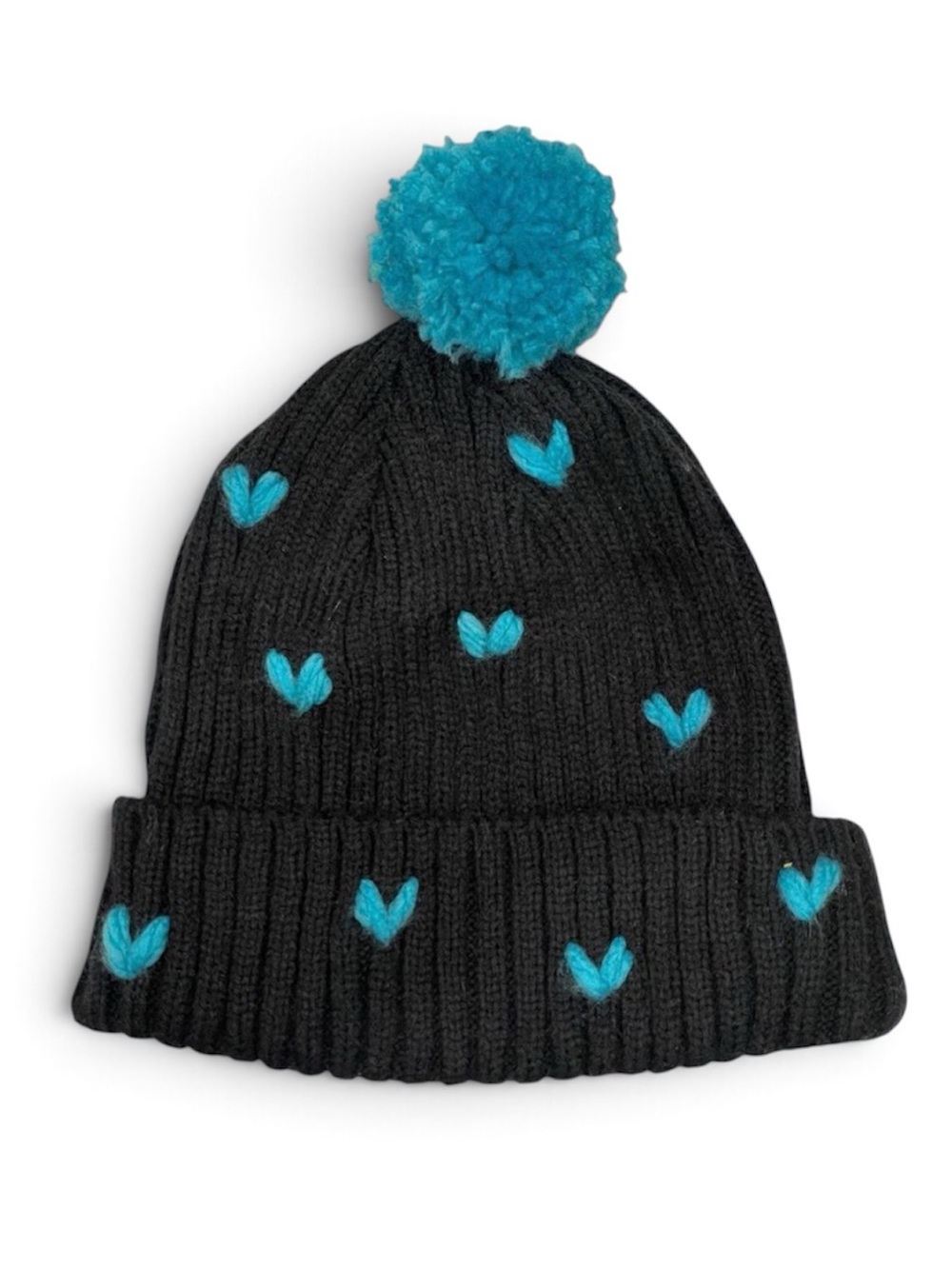Black Knit Beanie with Turquoise Hearts and Pom-pom